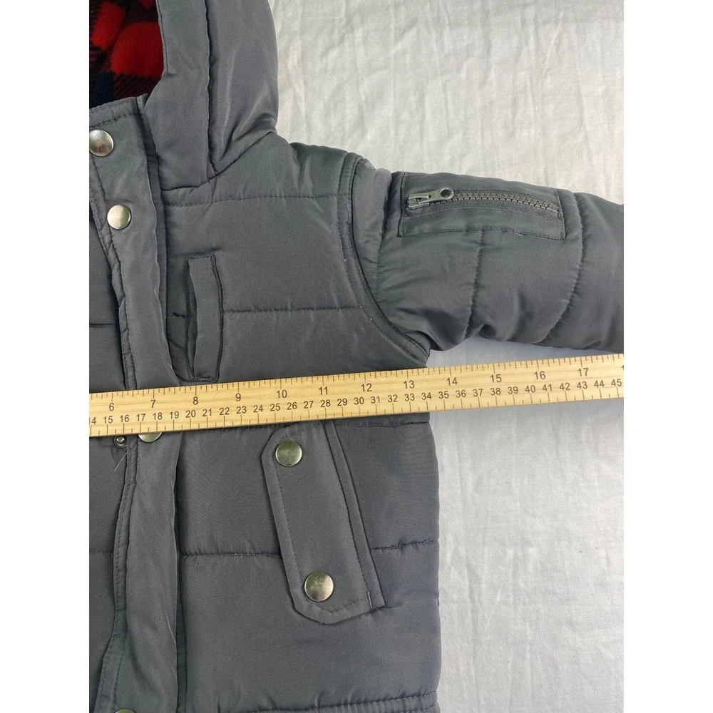 OshKosh Bgosh Boys‎ Gray Hooded Puffer Jacket Buffalo Plaid Fleece Lined 24M